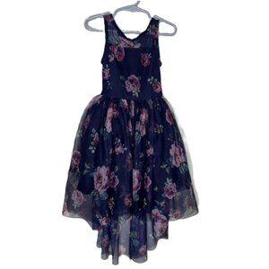 Girl's Navy Blue Floral High-Low Party Dress, Tulle Skirt, Easter Dress, Size 4/